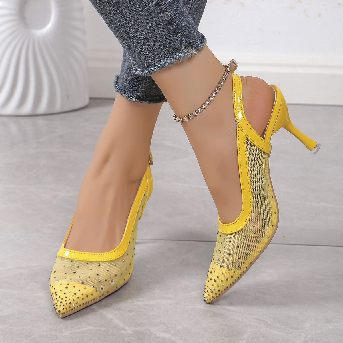 SHOEVIOLET™Fashion Rhinestone Mesh Pointed Toe High Heels Sandals