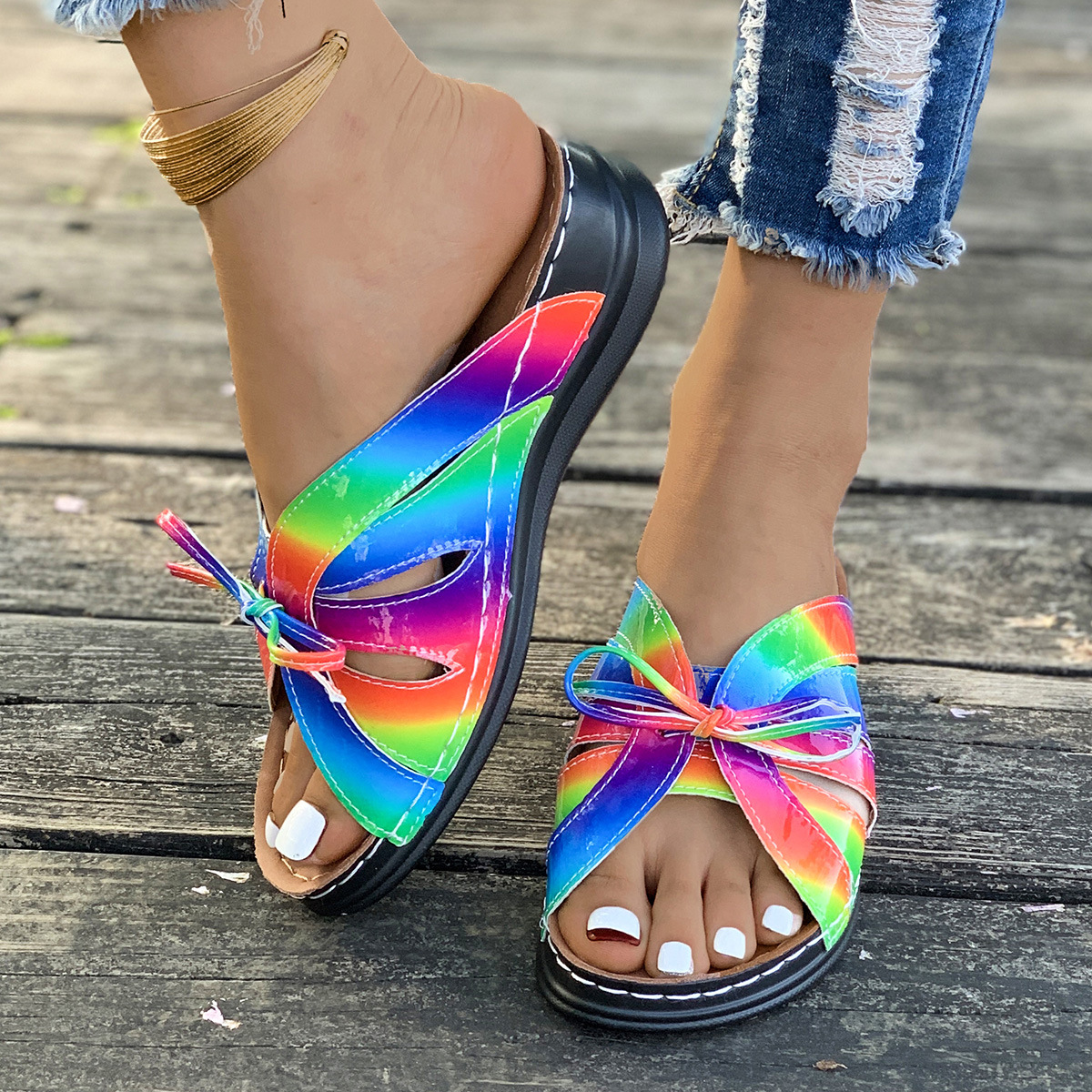 SHOEVIOLET™Fashion Rainbow Bow Tie Wedge Heel Women's Sandals