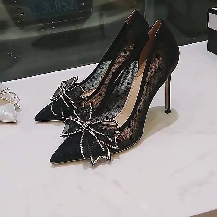 SHOEVIOLET™Sexy Bow Tie Rhinestone Mesh 6cm High Heels Sandals