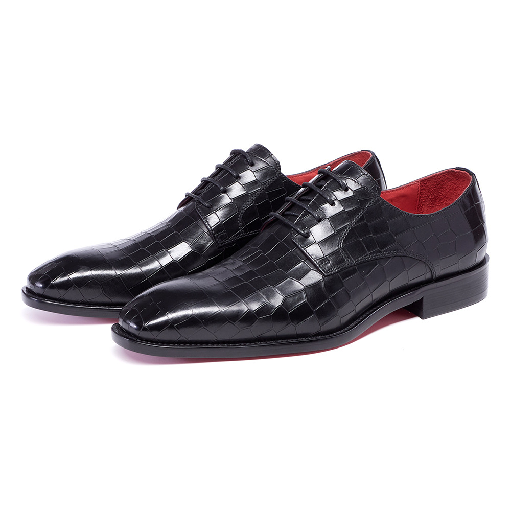Men's Crocodile Pattern Genuine Leather Square Toe Business Derby Shoes