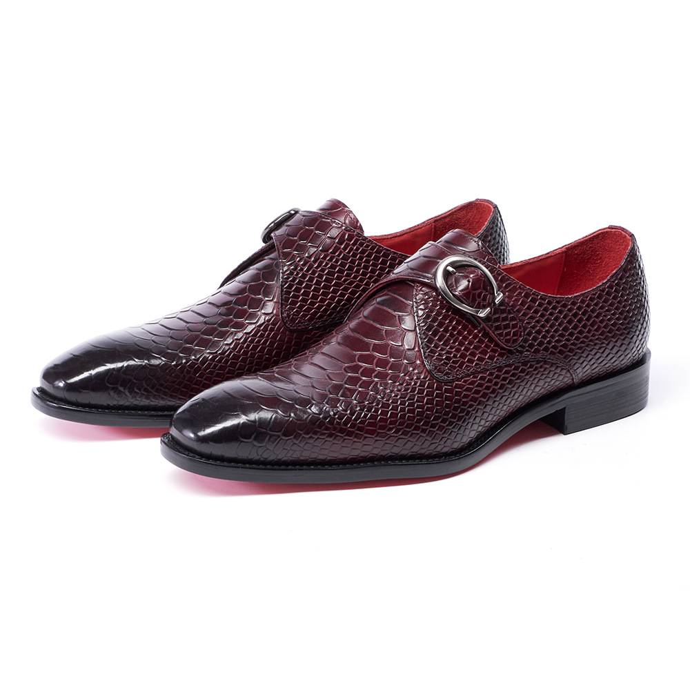 Men's breathable buckle snakeskin embossed pointed toe genuine leather shoes
