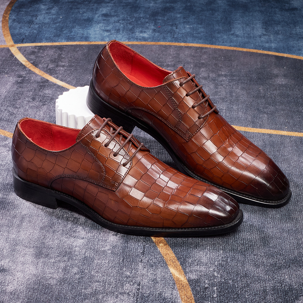 Men's Crocodile Pattern Genuine Leather Square Toe Business Derby Shoes