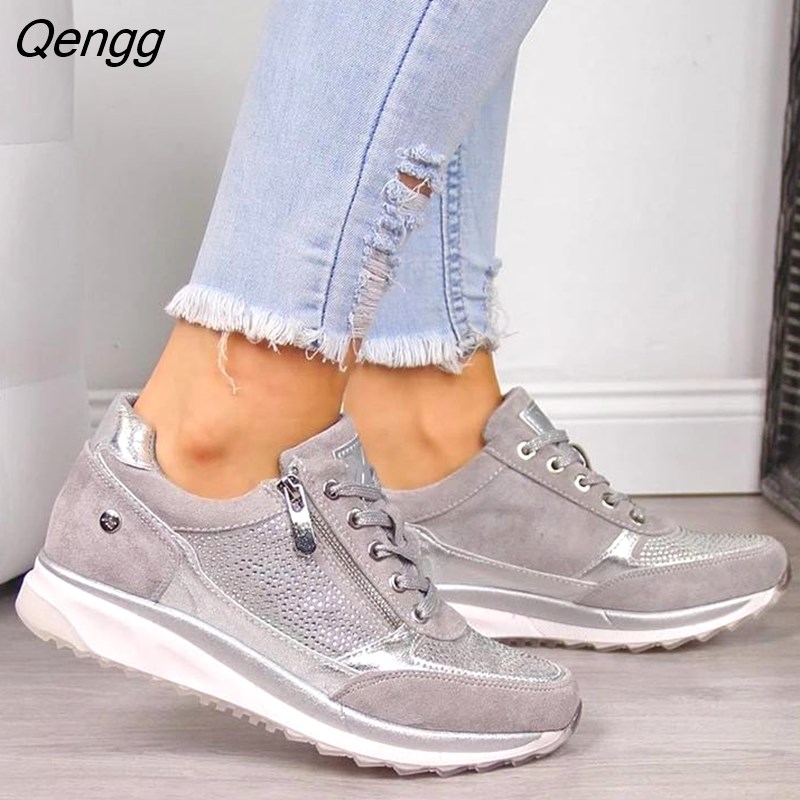 Qengg Casual Shoes 2023 New Fashion Wedge Flat Shoes Zipper Lace Up Co