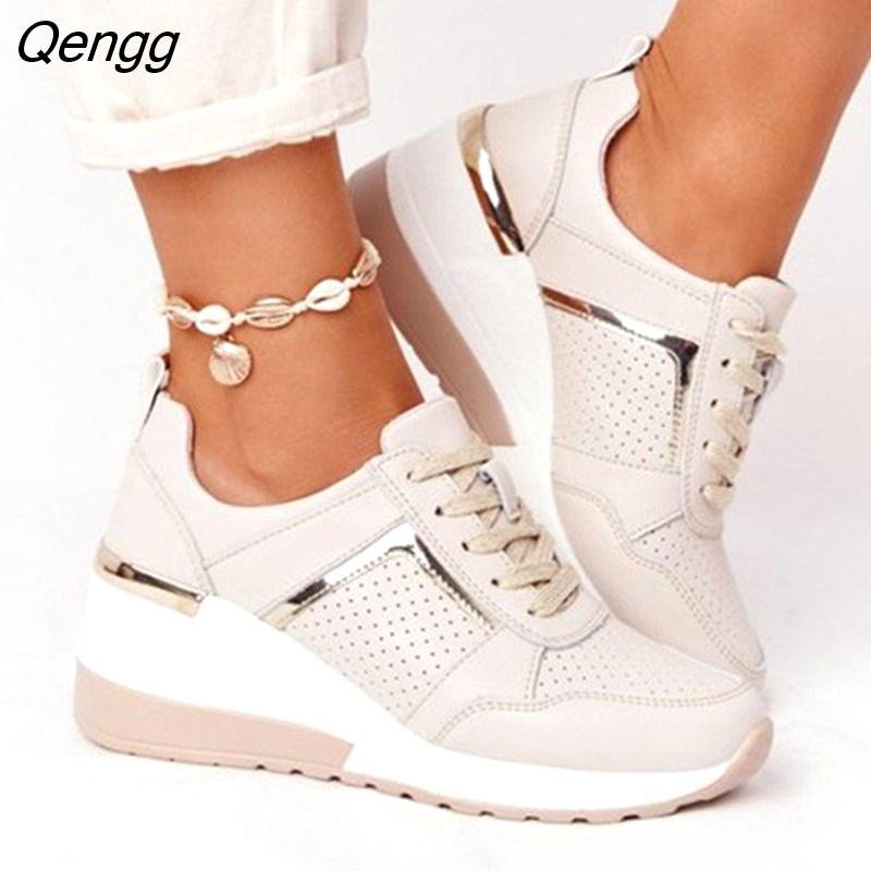 Qengg Casual Shoes 2023 New Fashion Wedge Flat Shoes Zipper Lace Up Co
