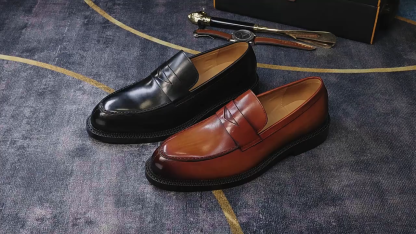 Men's British-Style Genuine Leather Pointed-Toe Penny Loafers with Red Sole