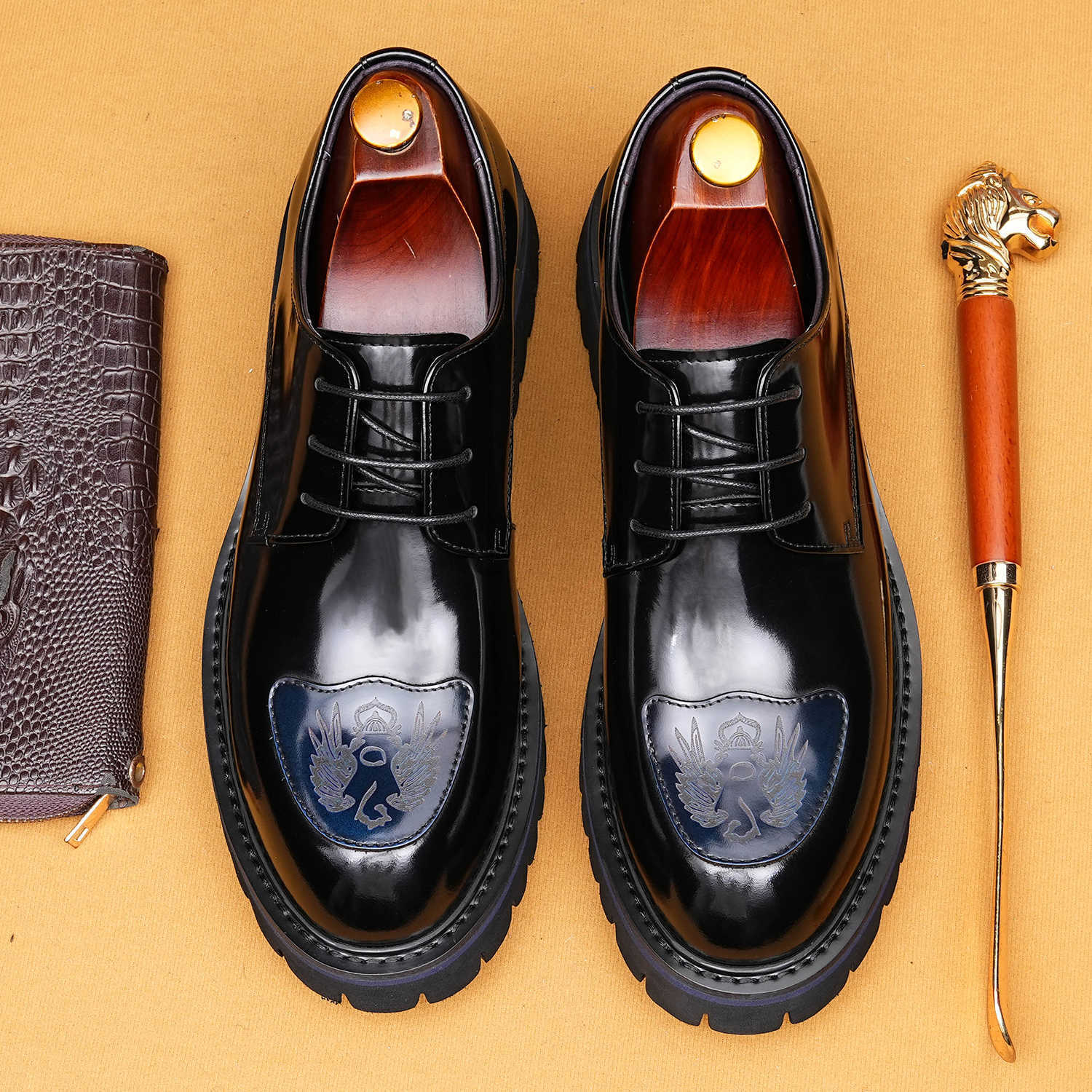 Men's Genuine Leather Embossed Thick Sole Polished Derby Shoes
