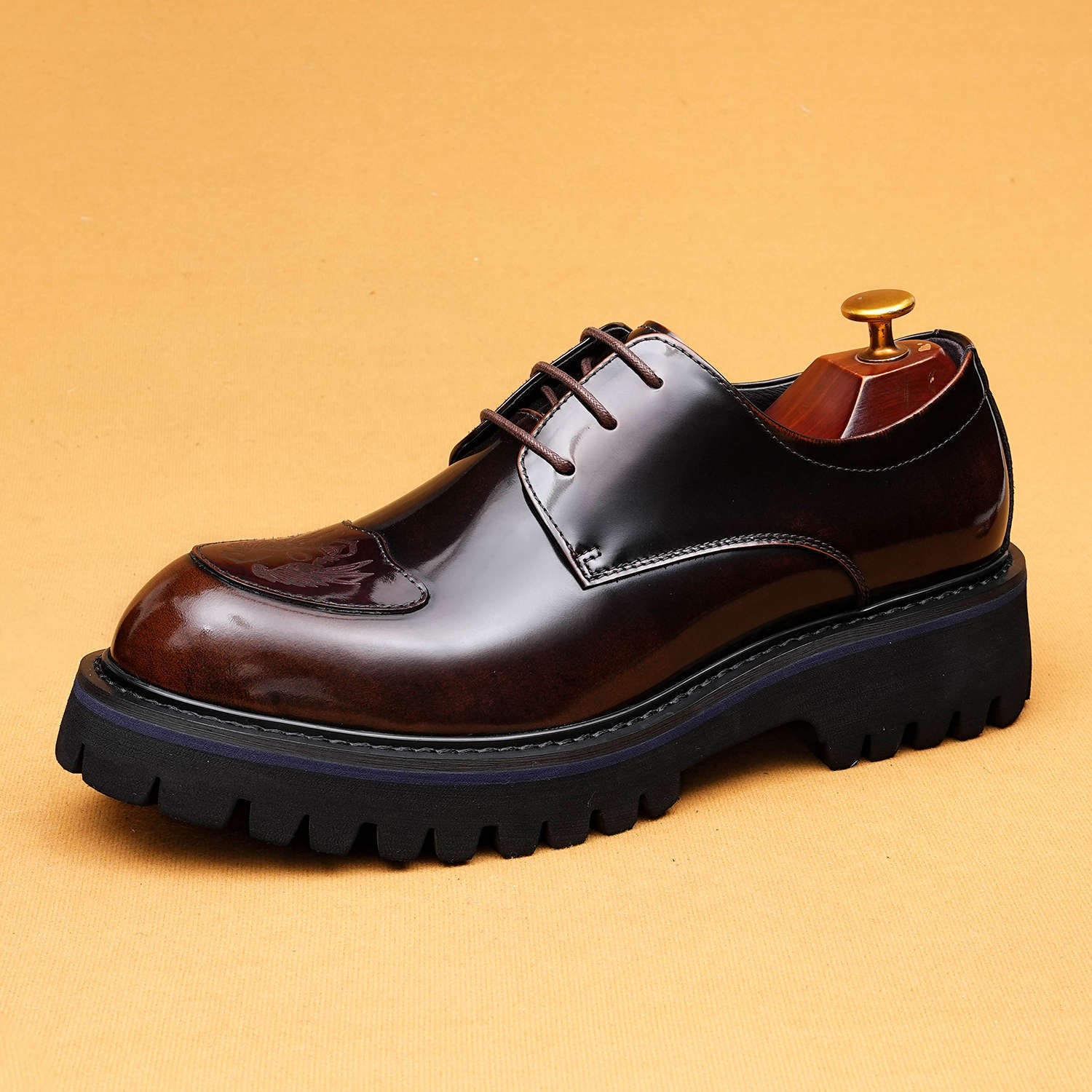 Men's Genuine Leather Embossed Thick Sole Polished Derby Shoes
