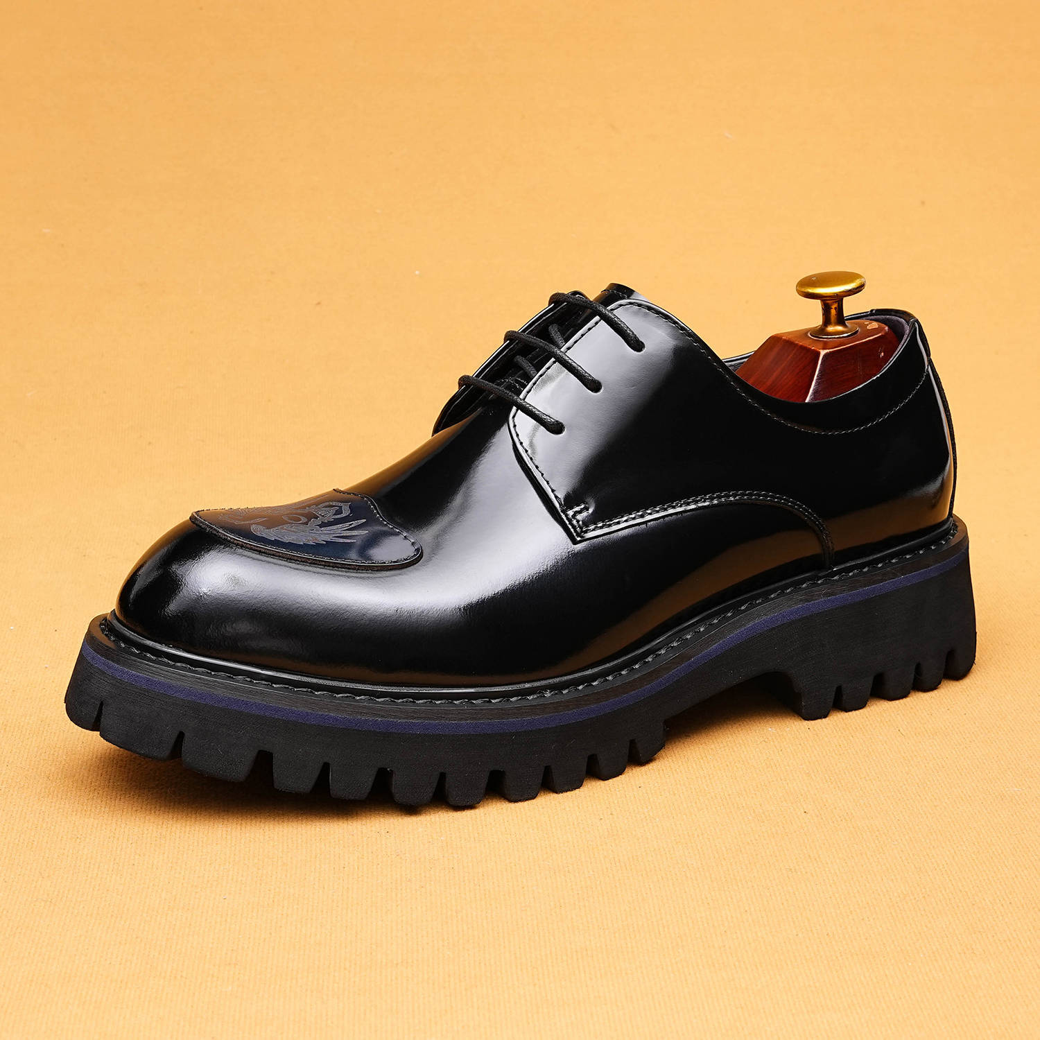 Men's Genuine Leather Embossed Thick Sole Polished Derby Shoes