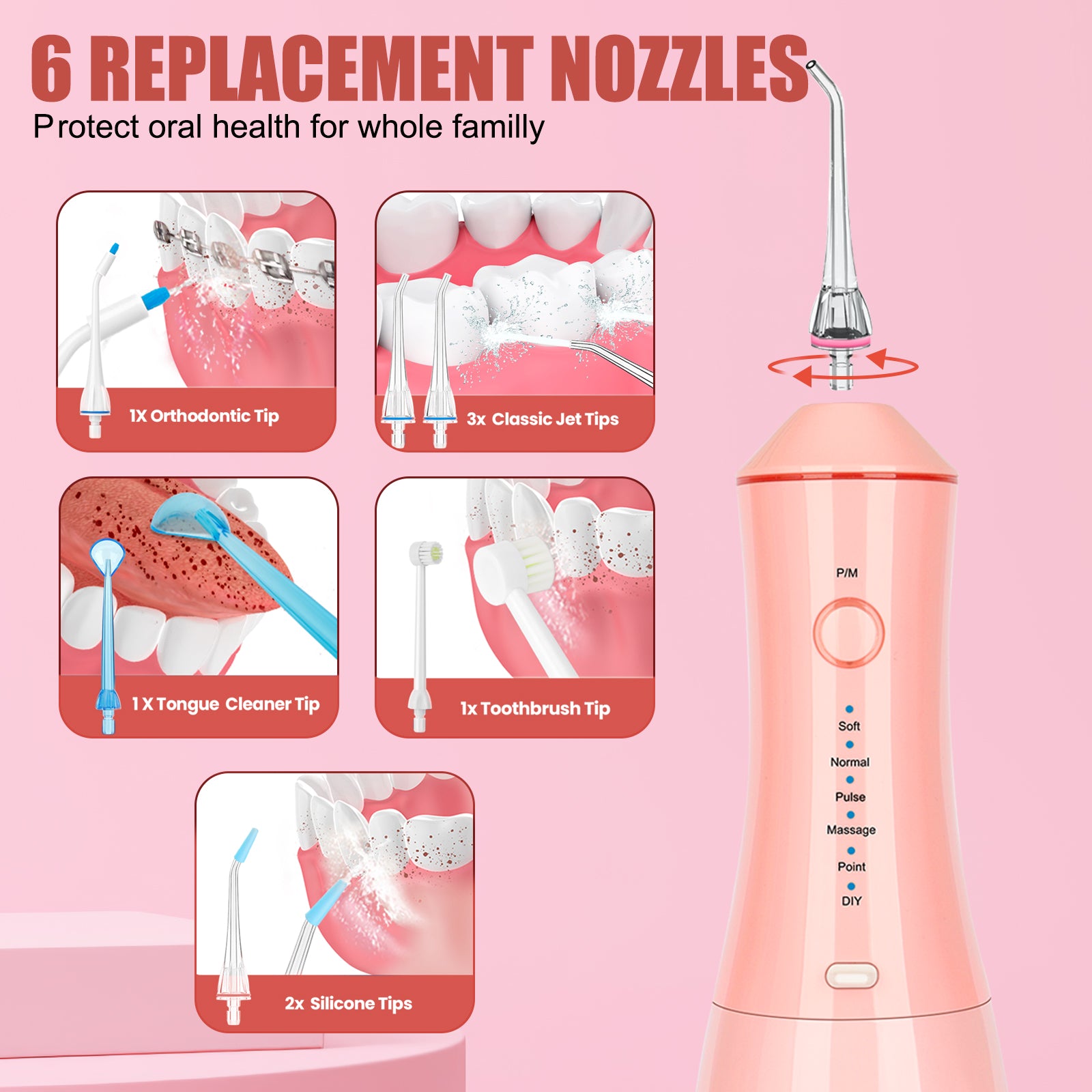 Water Dental Flosser With 6 Replacement Nozzles-NBGRLVS