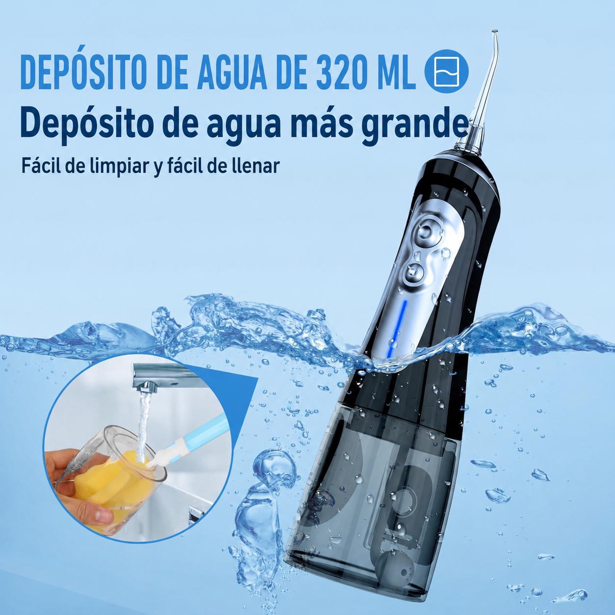 Irrigador Bucal Recargable con 5 Modos, 6 Boquillas y Diseño Impermeable IPX7 para Ortodoncia y Dientes Sensibles