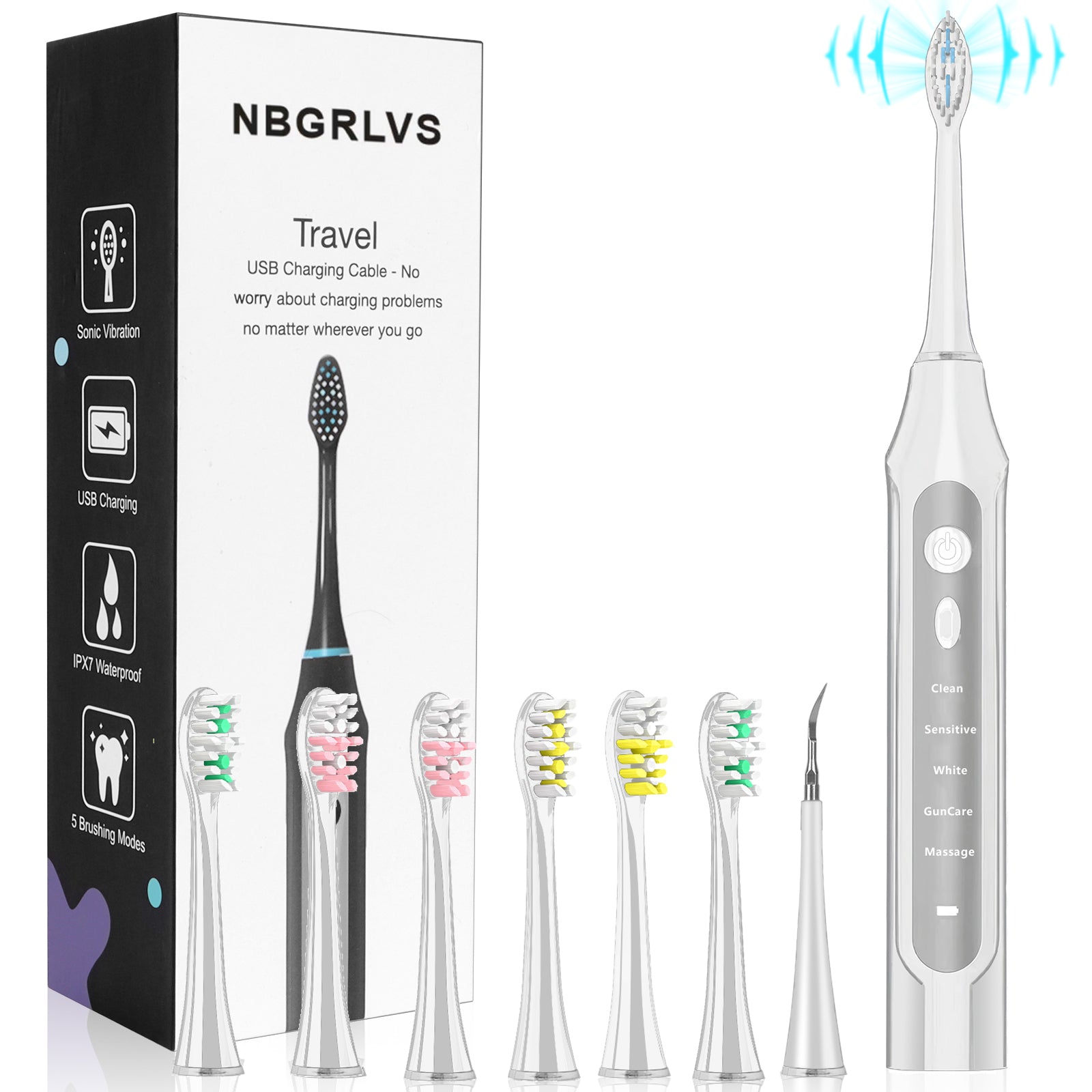 Rechargeable Toothbrush With 6 Brush Heads-NBGRLVS