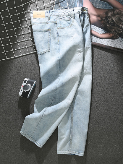 American washed distressed blue jeans for men 2023 new trendy cat scratched loose straight pants