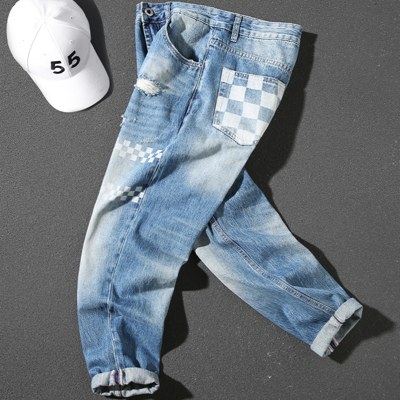Handsome jeans for men, loose and trendy ripped plaid print washed blue ripped trend trousers pure cotton versatile
