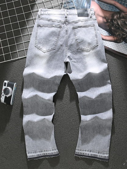 American distressed gray jeans for men in spring and summer new trendy loose straight leg washed trousers with raw edge splicing