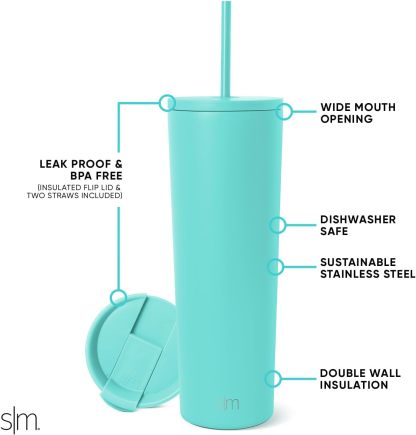 Simple Modern Insulated Tumbler with Lid and Straw | Iced Coffee Cup Reusable Stainless Steel Water Bottle Travel Mug | Gifts for Women Men Her Him | Classic Collection | 24oz | Retro Mint
