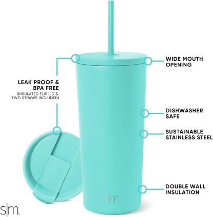 Simple Modern Insulated Tumbler with Lid and Straw | Iced Coffee Cup Reusable Stainless Steel Water Bottle Travel Mug | Gifts for Women Men Her Him | Classic Collection | 24oz | Retro Mint