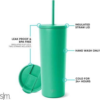 Simple Modern Insulated Tumbler with Lid and Straw | Iced Coffee Cup Reusable Stainless Steel Water Bottle Travel Mug | Gifts for Women Men Her Him | Classic Collection | 24oz | Retro Mint