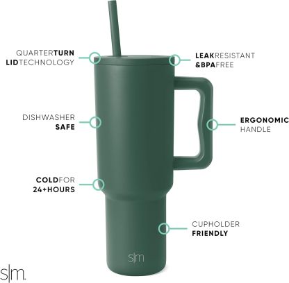 Simple Modern 40 oz Tumbler with Handle and Straw Lid | Insulated Cup Reusable Stainless Steel Water Bottle Travel Mug Cupholder Friendly | Gifts for Women Him Her | Trek Collection | Sea Glass Sage