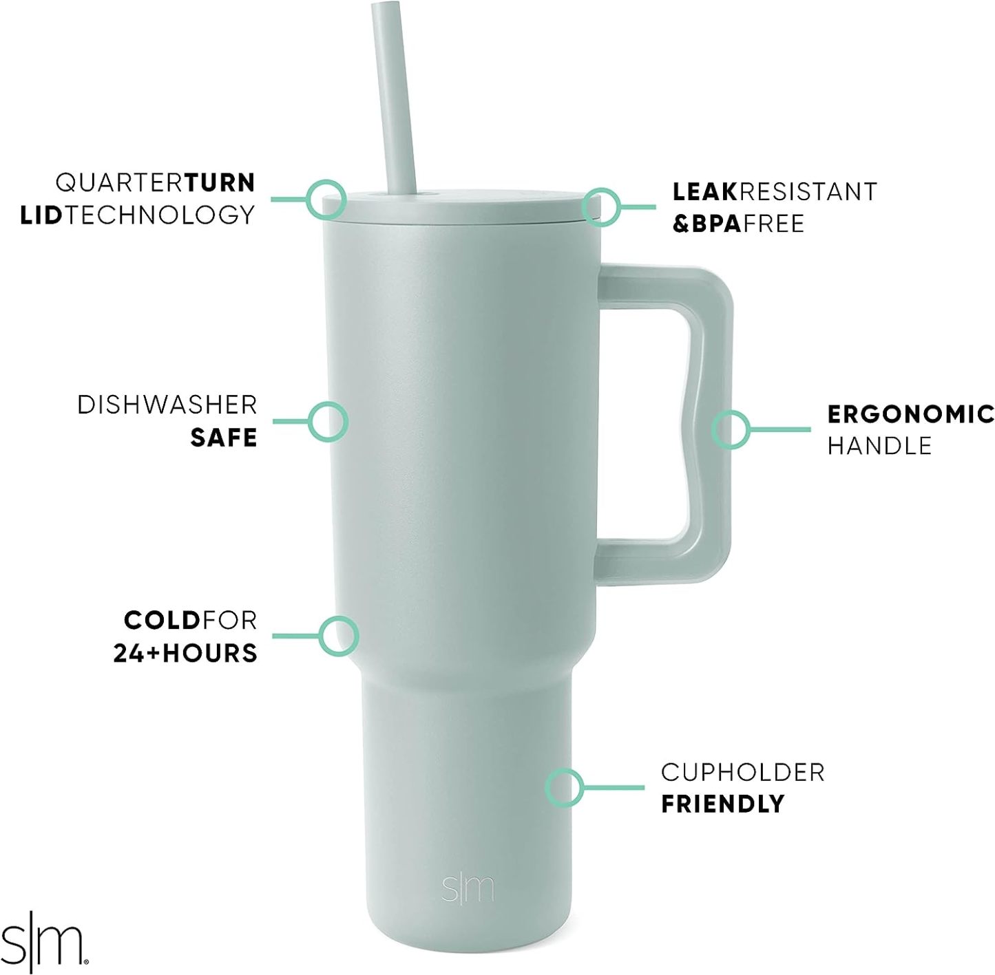 Simple Modern 40 oz Tumbler with Handle and Straw Lid | Insulated Cup Reusable Stainless Steel Water Bottle Travel Mug Cupholder Friendly | Gifts for Women Him Her | Trek Collection | Sea Glass Sage