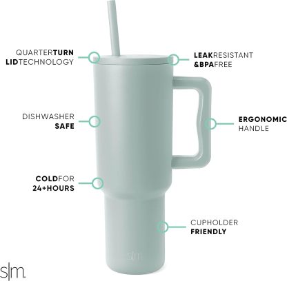 Simple Modern 40 oz Tumbler with Handle and Straw Lid | Insulated Cup Reusable Stainless Steel Water Bottle Travel Mug Cupholder Friendly | Gifts for Women Him Her | Trek Collection | Sea Glass Sage