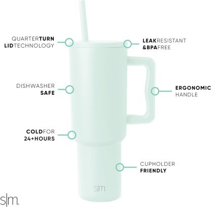 Simple Modern 40 oz Tumbler with Handle and Straw Lid | Insulated Cup Reusable Stainless Steel Water Bottle Travel Mug Cupholder Friendly | Gifts for Women Him Her | Trek Collection | Sea Glass Sage