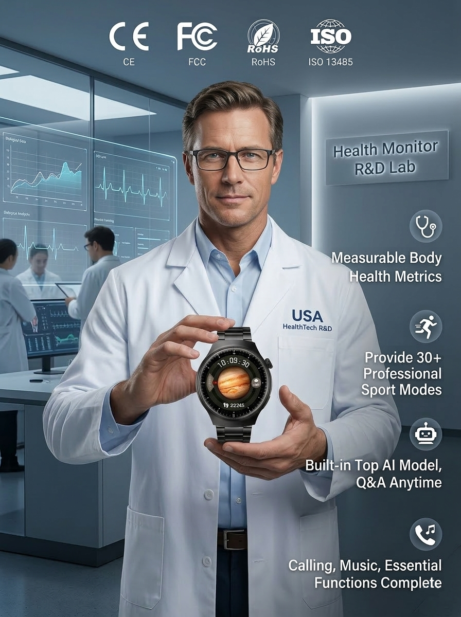 【⌚Smart Health Monitoring Watch】🫀Measures body health metrics -🏋️Offers 30+ professional sports modes -🤖Equipped with a top-notch AI model for on-demand Q&A -📞Comprehensive basic features including making calls and listening to music