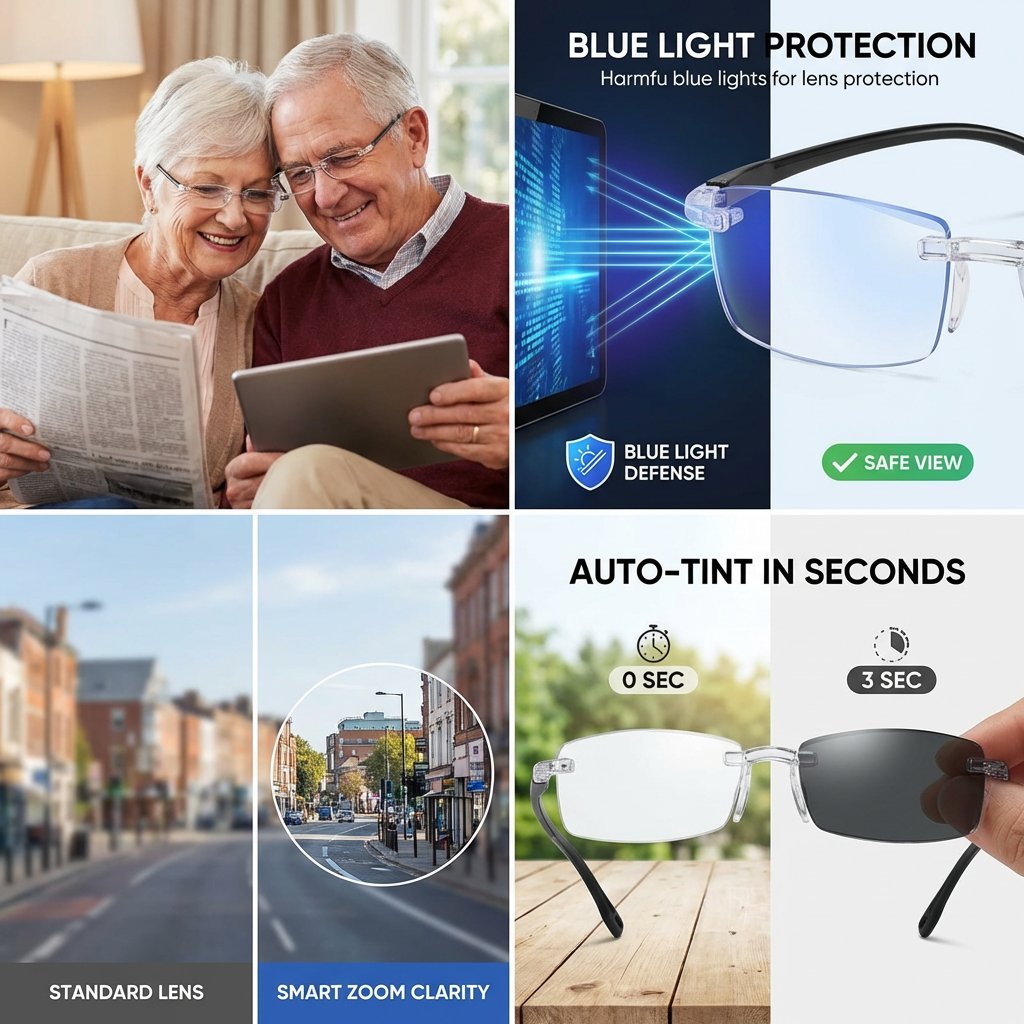 【👓Smart Photochromic Glasses】👀No prescription needed, auto adjusts degrees -🕶️Becomes sunglasses in light -💻Blocks 99% of blue light and radiation
