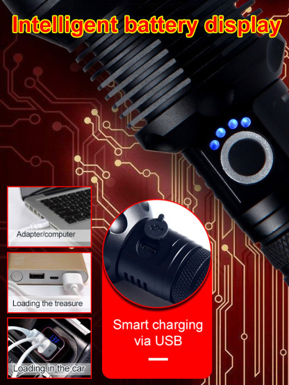 Telescopic zoom power display strong light flashlight