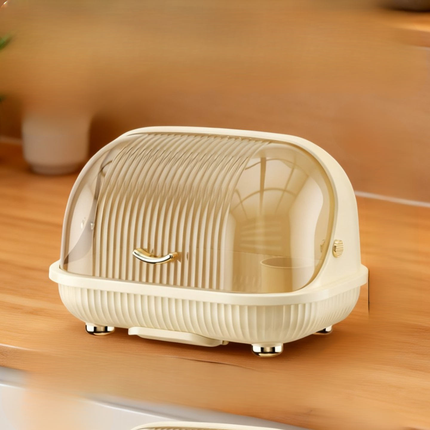 User lifting lid of kitchen utensil storage box