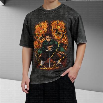 Unisex Anime Inspired Vintage Washed T-Shirt丨Demon Slayer
