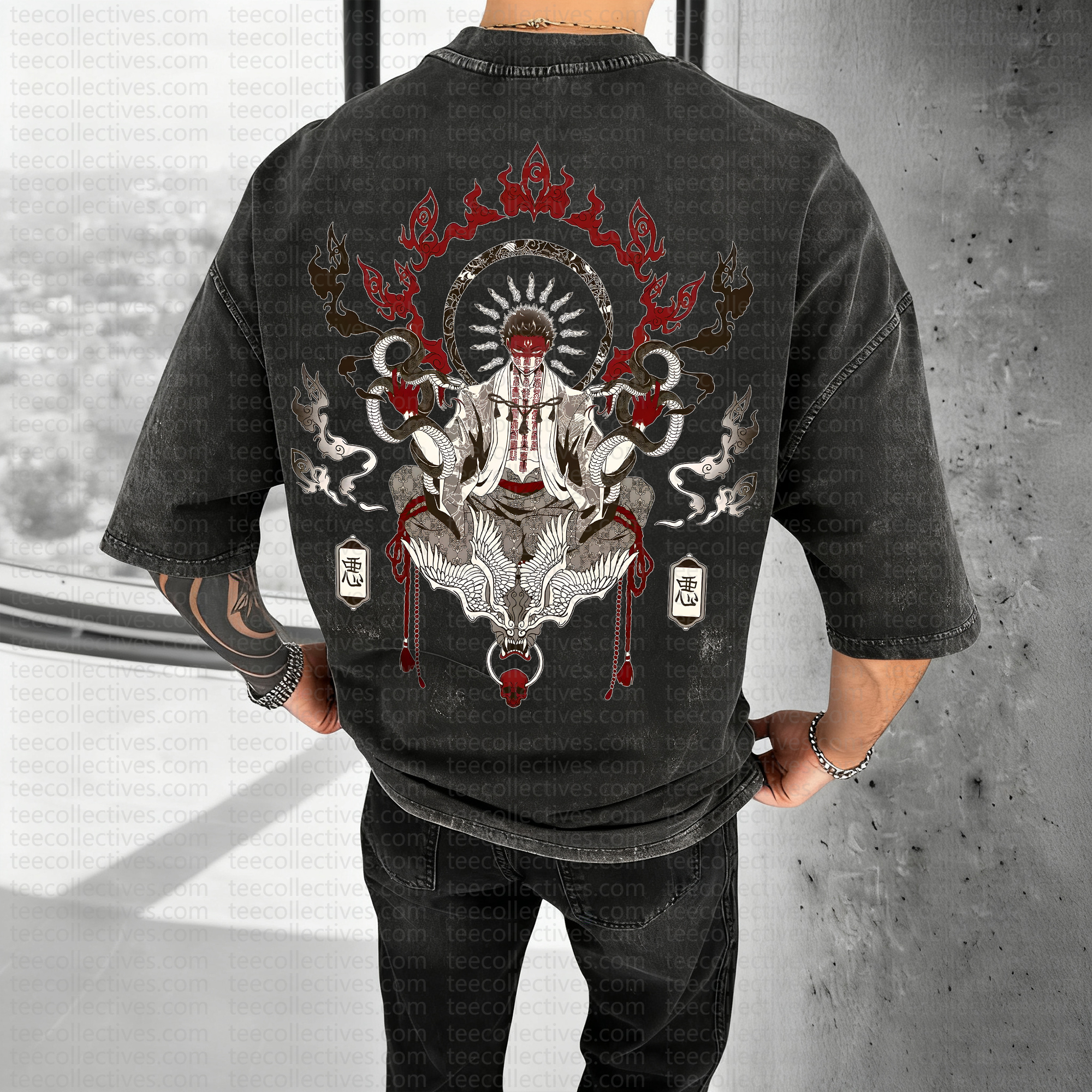 Unisex Anime Style Vintage Washed 3D Direct Injection T-Shirt