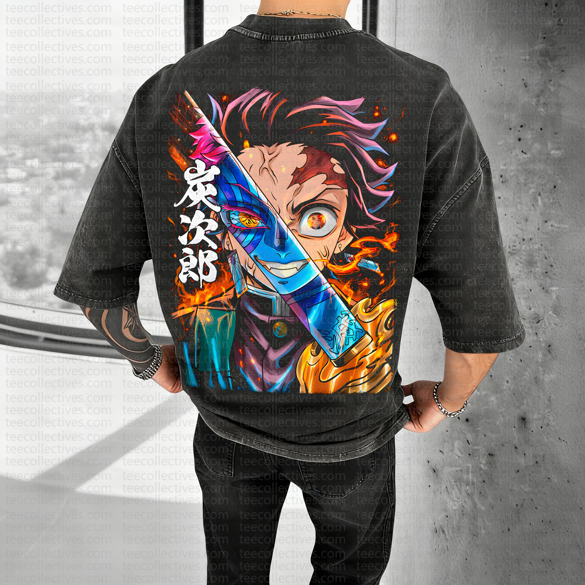 Unisex Anime Style Vintage Washed 3D Direct Injection T-Shirt