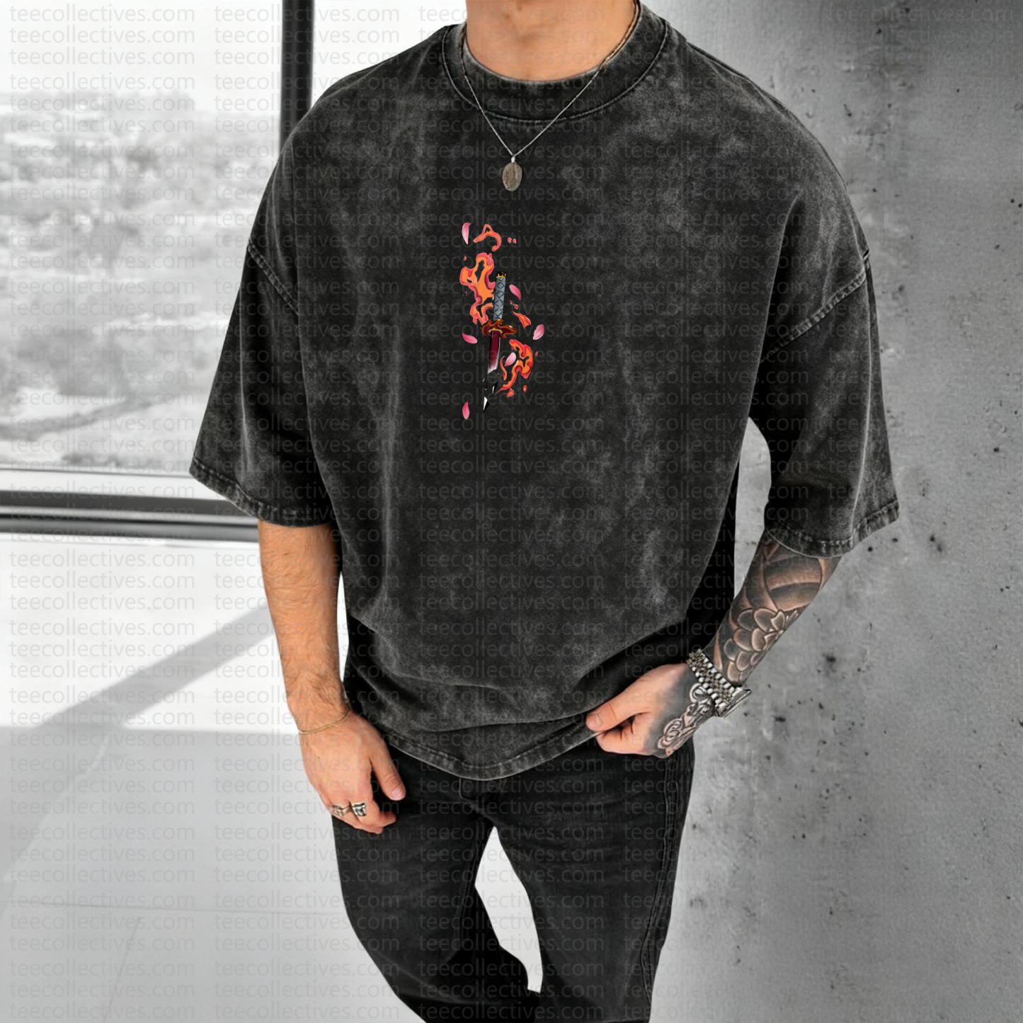 Unisex Anime Style Vintage Washed 3D Direct Injection T-Shirt