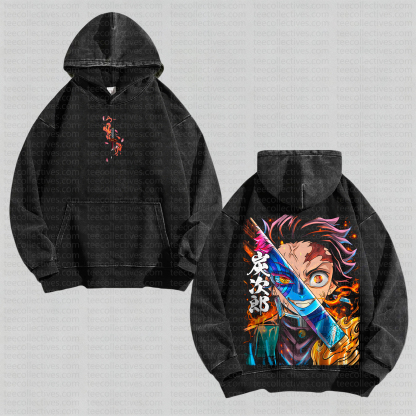 Unisex Anime Graphic Streetwear Vintage Washed Hoodie