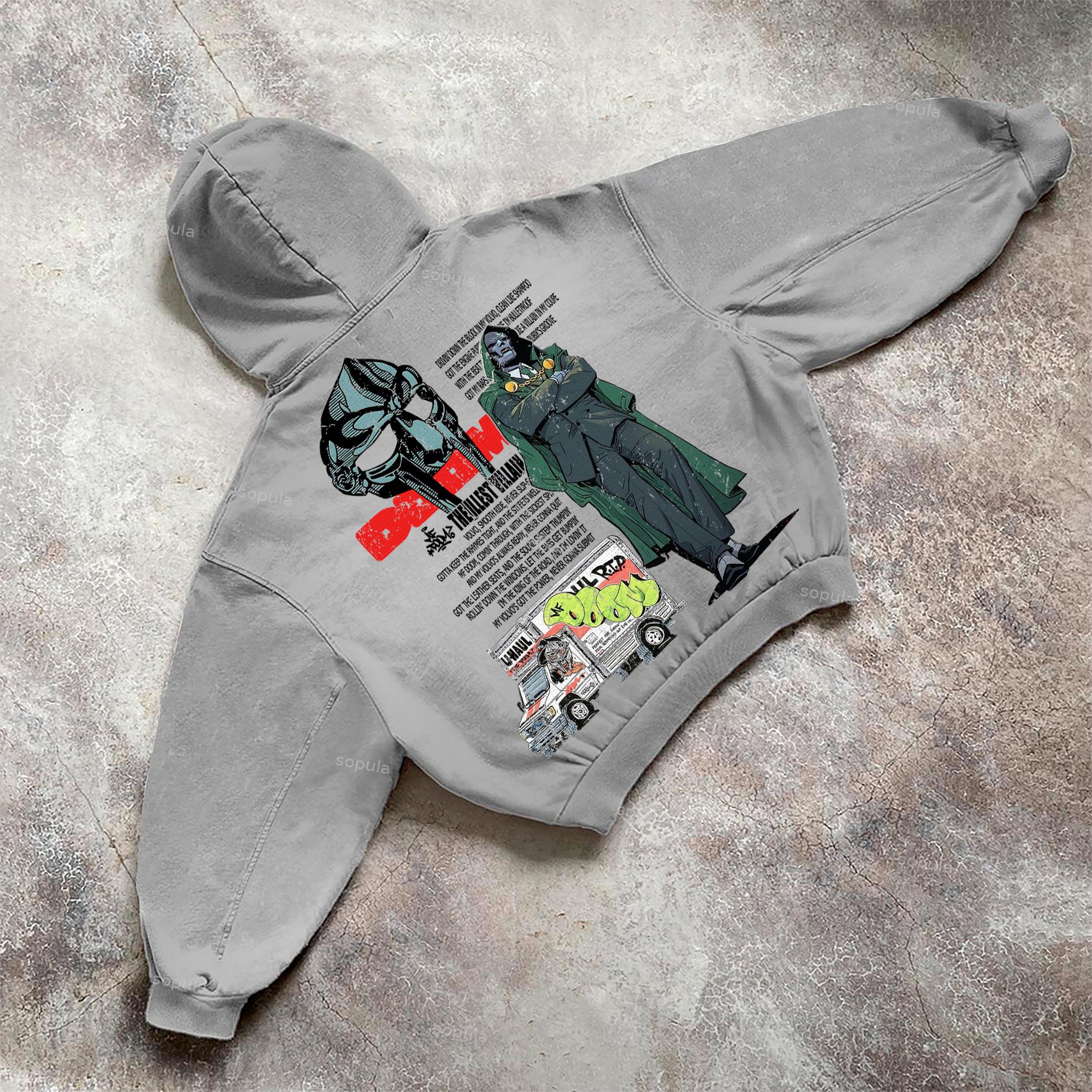 Sopula Vintage The Illest Villain Mf Doom Graphic Print Washed Hoodie