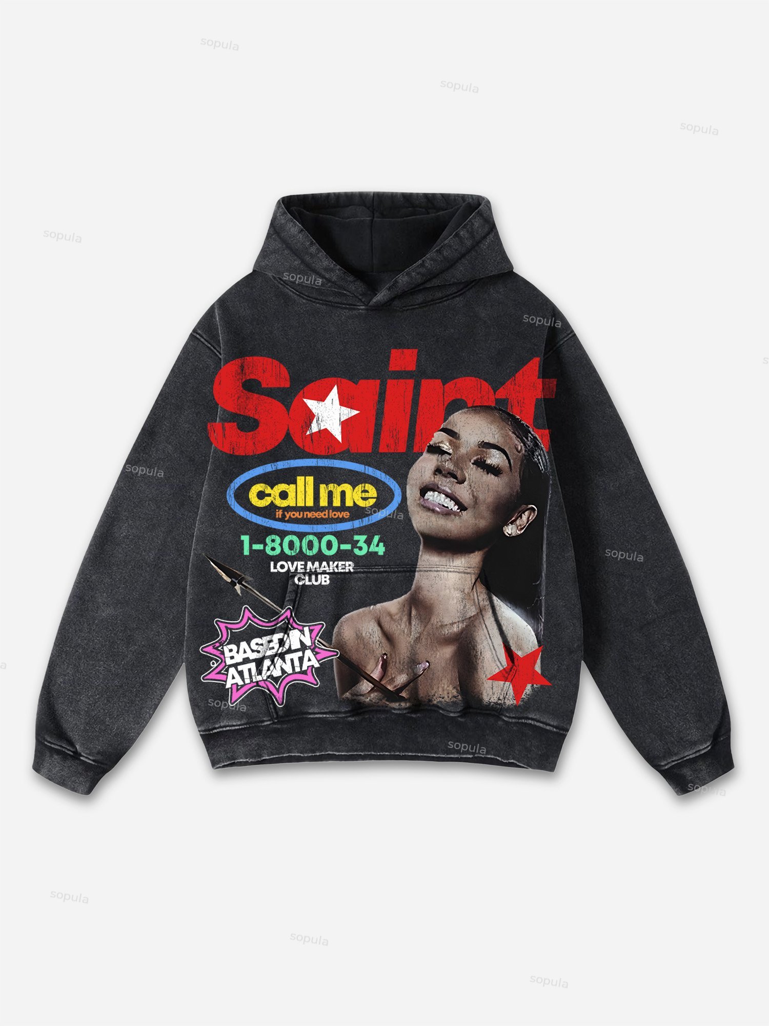 Sopula Vintage Saint Call Me If You Need Love Graphic Washed Oversized