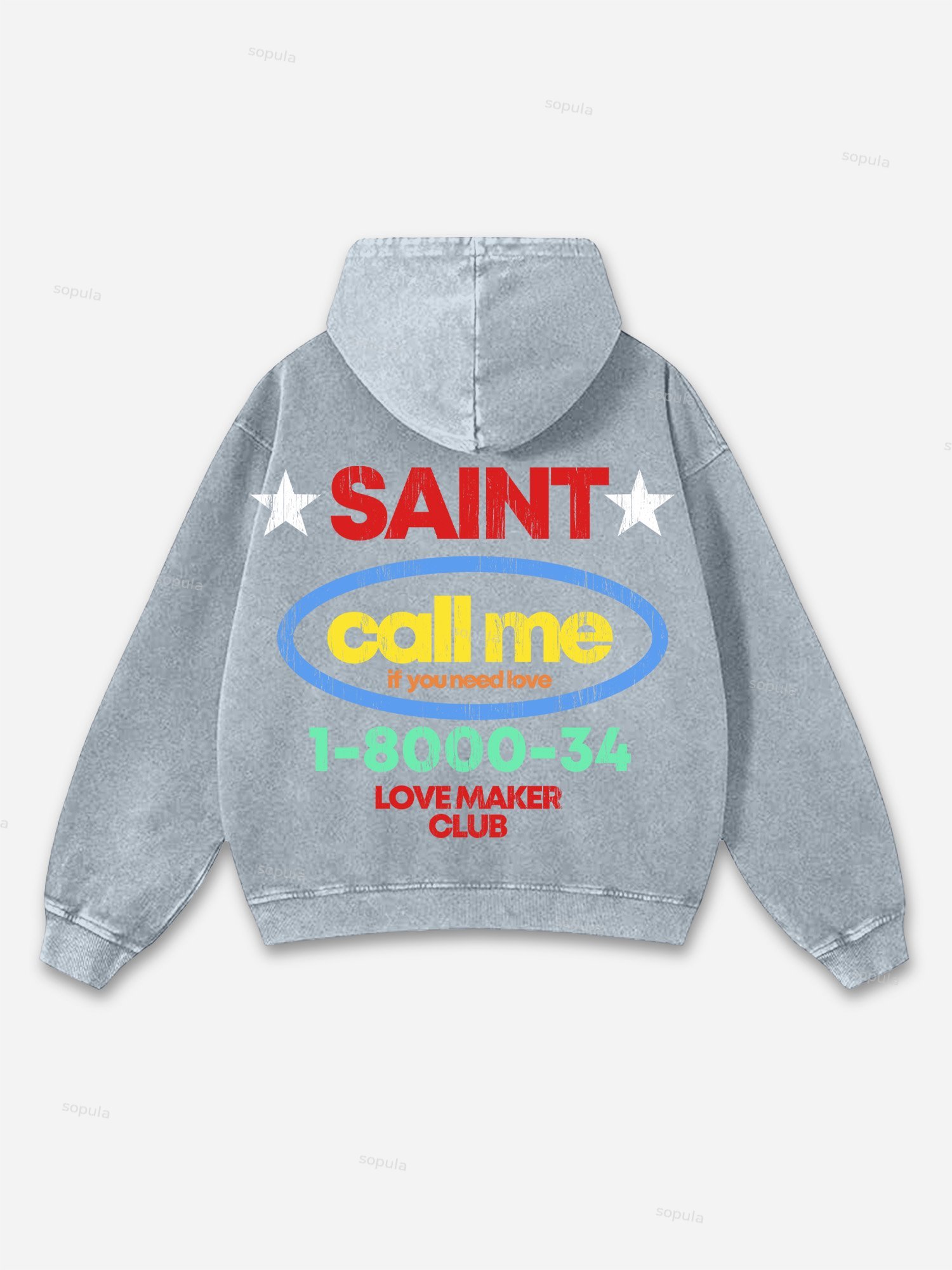 Sopula Vintage Saint Call Me If You Need Love Graphic Washed Oversized Hoodie