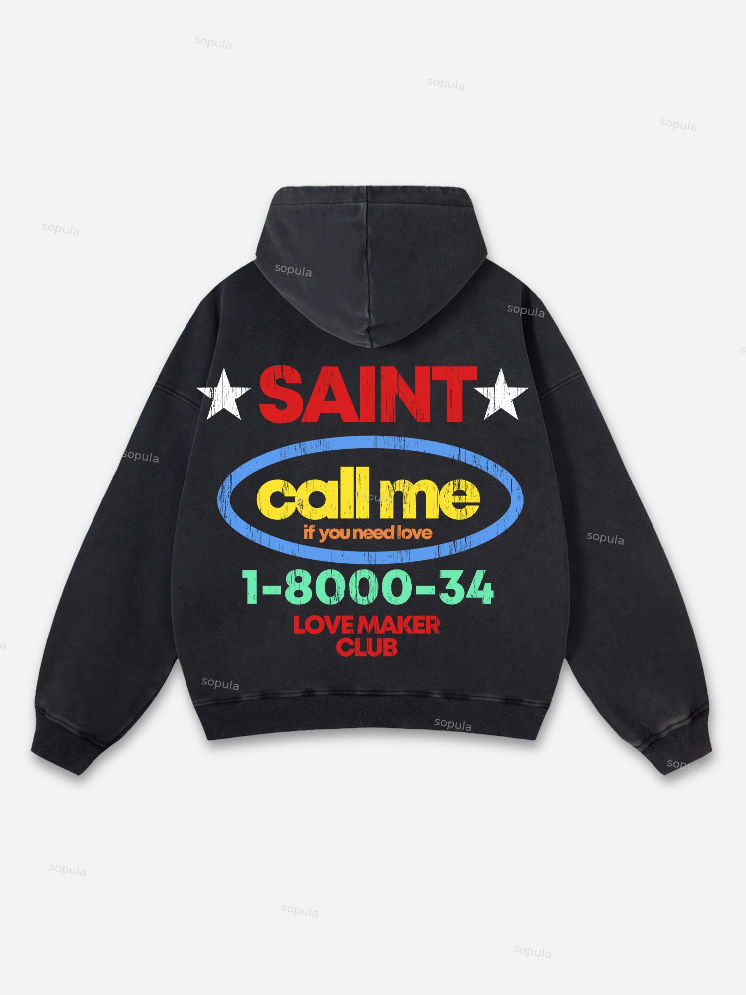 Sopula Vintage Saint Call Me If You Need Love Graphic Washed Oversized Hoodie