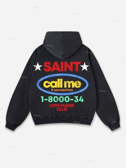 Sopula Vintage Saint Call Me If You Need Love Graphic Washed Oversized Hoodie