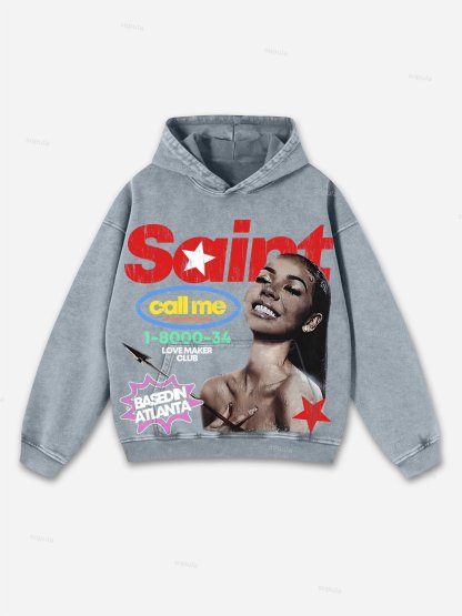 Sopula Vintage Saint Call Me If You Need Love Graphic Washed Oversized Hoodie