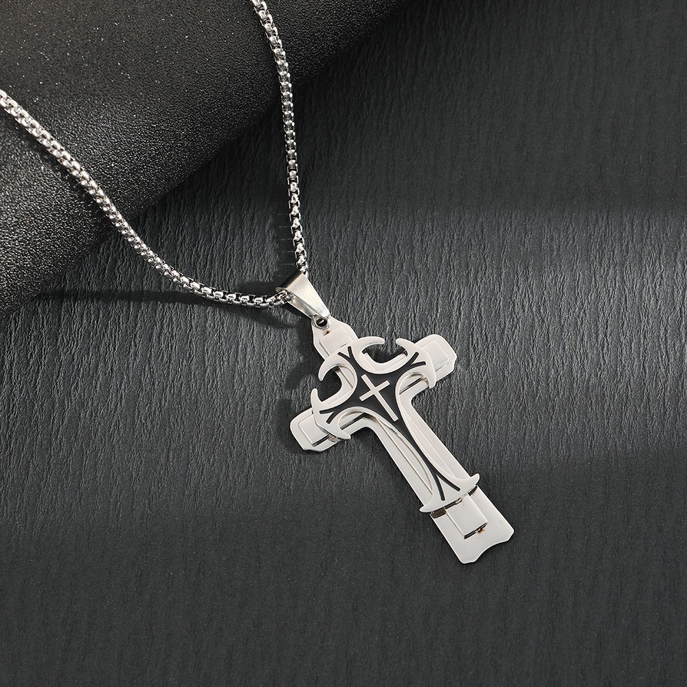 Stainless Steel Chain Men Necklace Black Fleur-de-lis Cross Pendant Cadenas Para