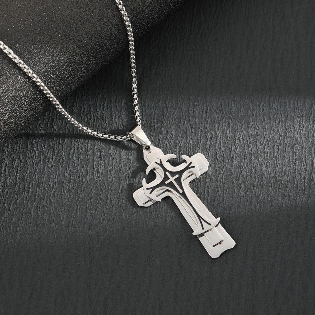 Stainless Steel Chain Men Necklace Black Fleur-de-lis Cross Pendant Cadenas Para