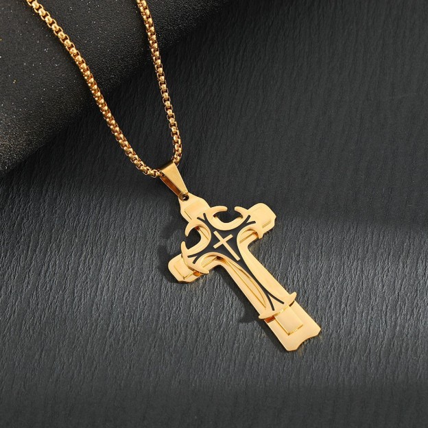 Stainless Steel Chain Men Necklace Black Fleur-de-lis Cross Pendant Cadenas Para