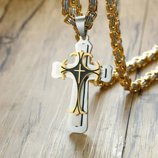 Stainless Steel Chain Men Necklace Black Fleur-de-lis Cross Pendant Cadenas Para