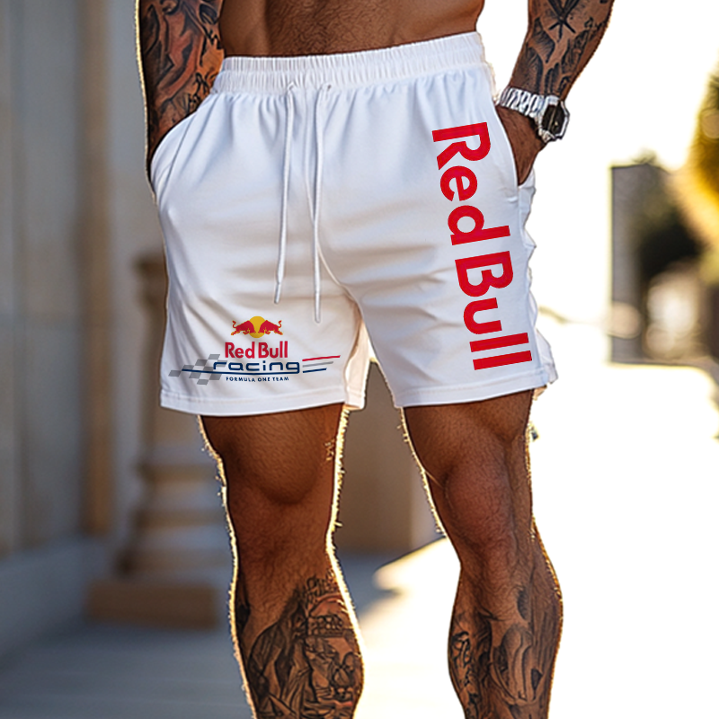 Men's Race Car White Sports Drawstring Shorts