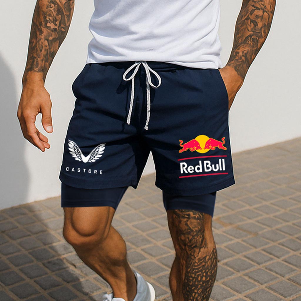 Men's Double Layer 2 In 1 Print Drawstring Sports Shorts