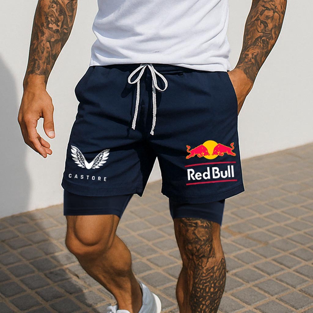 Men's Double Layer 2 In 1 Print Drawstring Sports Shorts