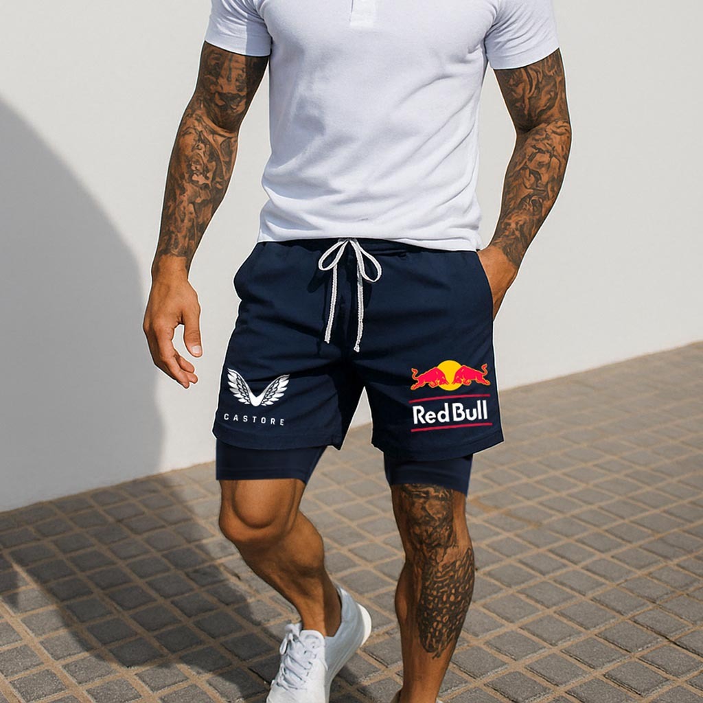 Men's Double Layer 2 In 1 Print Drawstring Sports Shorts