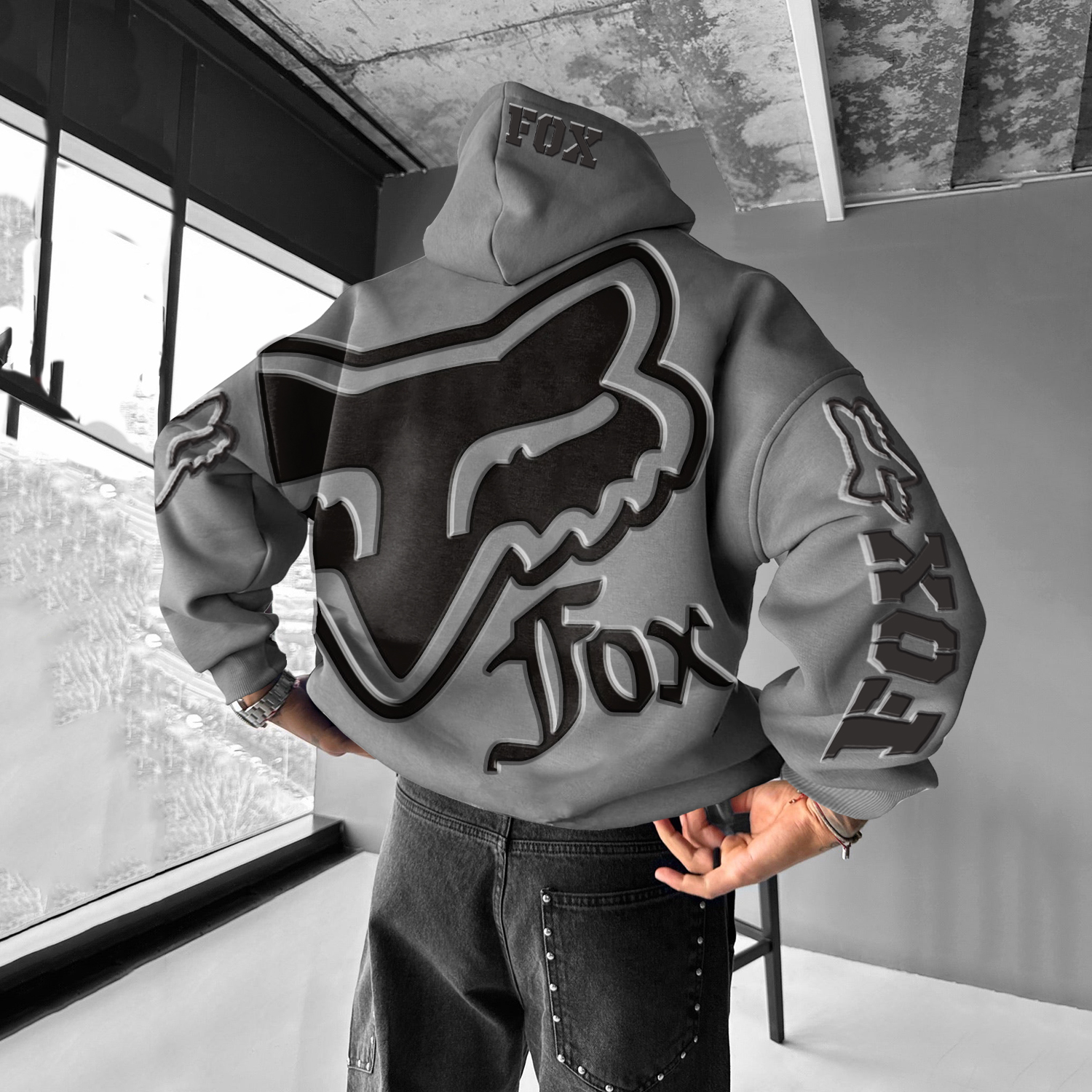 (Puff)Men's Racing Lettered Oversized Hoodie