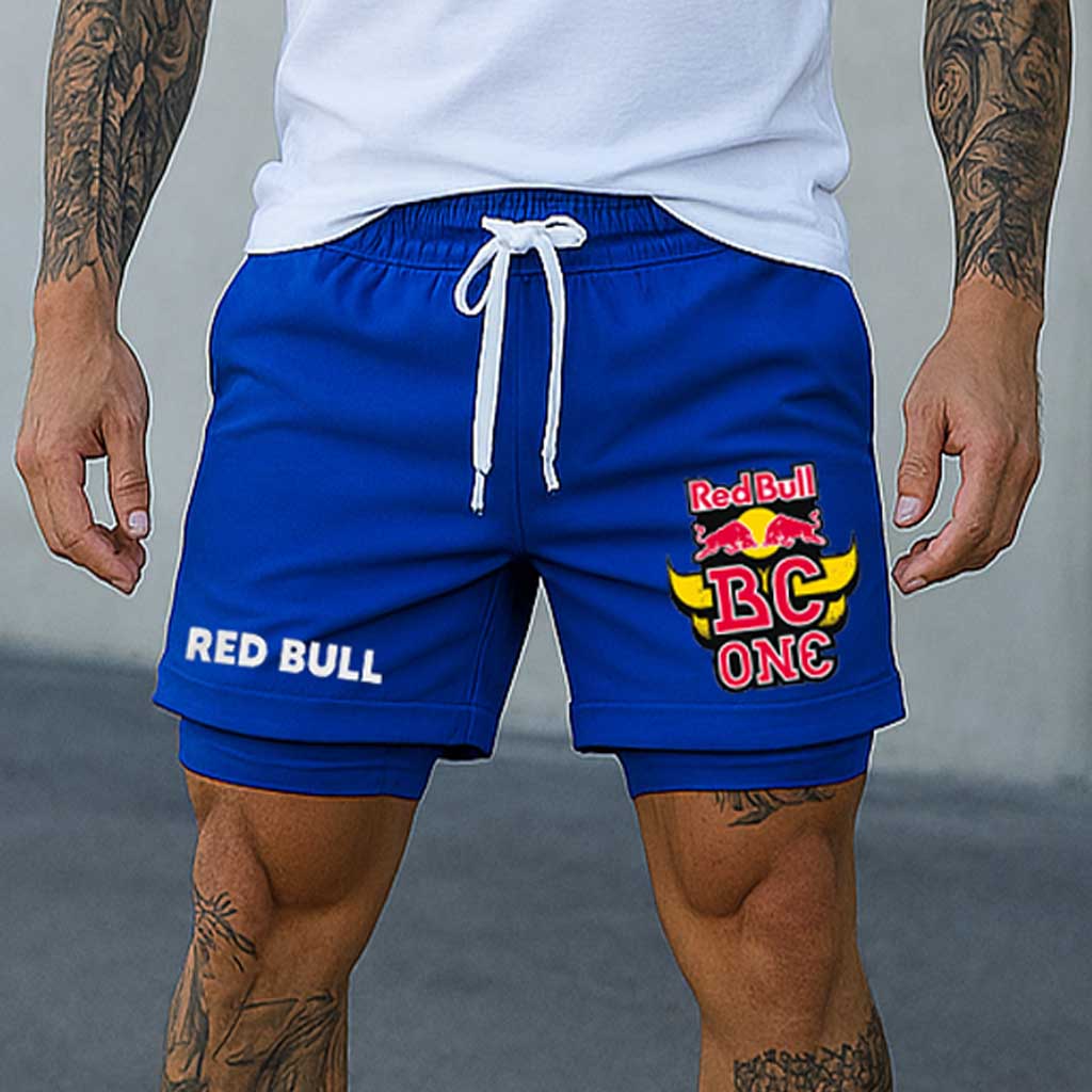Men's Double Layer 2 In 1 Print Drawstring Royal Blue Sports Shorts